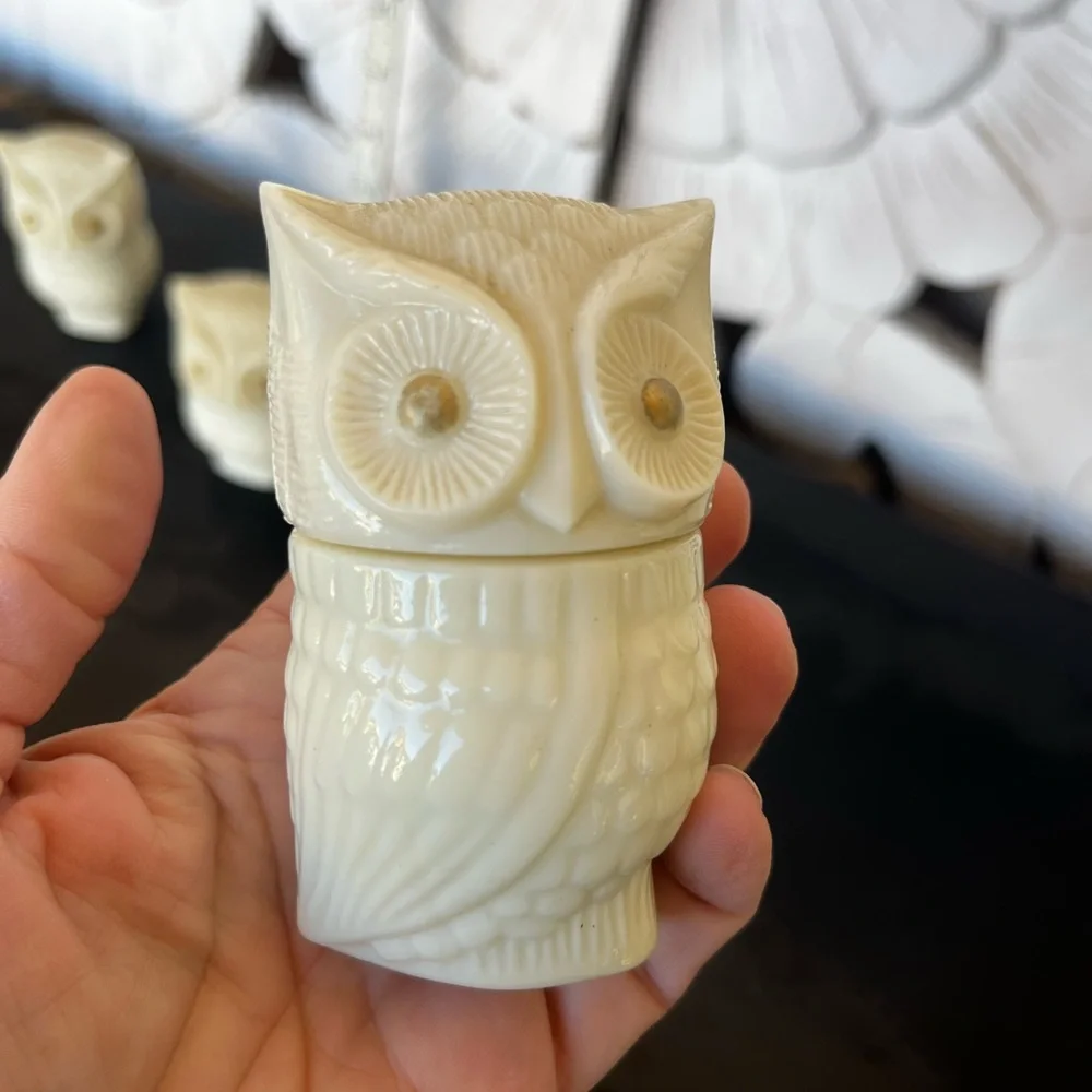 Trio of Cream Owl Jar Figurines with Gold Accents